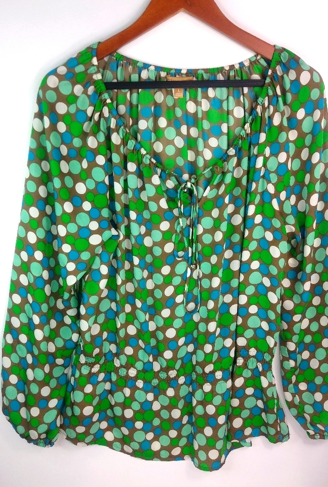 ELLEN TRACY L Green Blue Polka Dot Top